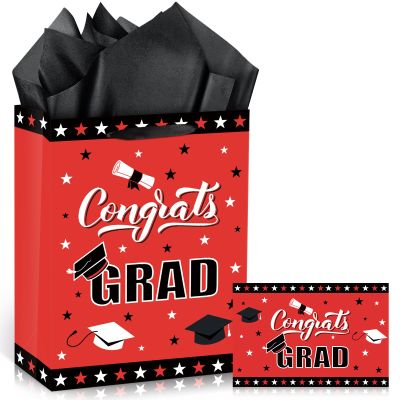 1Pc Red Black Graduation Gift Bag with Tissue Paper and Cards 13'' Red Black Congrats Grad Gift Wrapping Bag Treat Bag Class of 2026 Graduation Gift Favors Bag for Senior Junior College Graduates