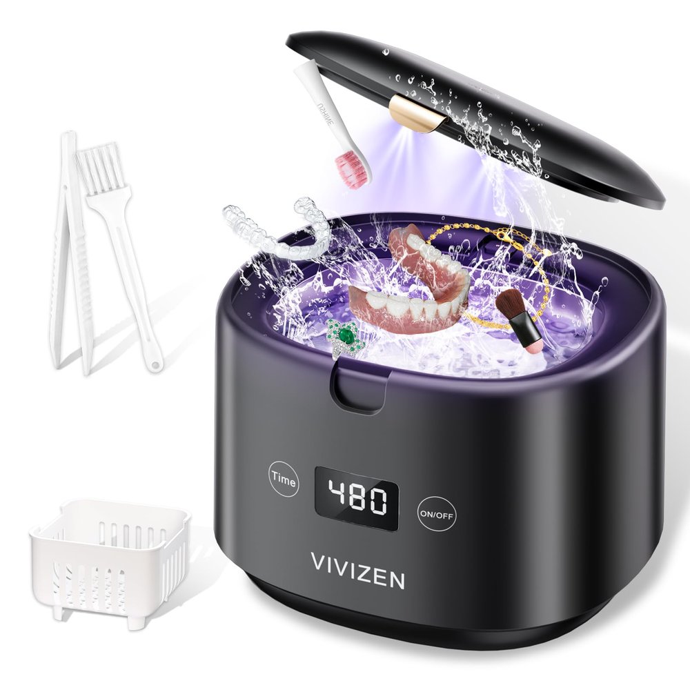 VIVIZEN Ultrasonic Retainer Cleaner Machine Sonic Dental Cleaning Machine for Dentures, Aligners, Braces, Mouth Guards, Jewelry, Portable 30W/45kHz (Black)