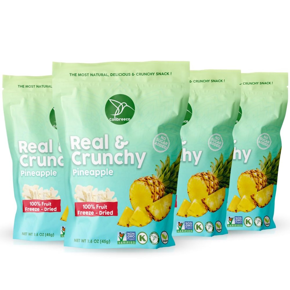 Colibreeco, Freeze-Dried Fruit, Pineapple, 1.6 Ounce (Pack of 4), Real and Crunchy, Non-GMO, Kosher and Vegan, 100% Fruit, No Sugar Added, Excellent for Healthy Snacks and Gluten Free.