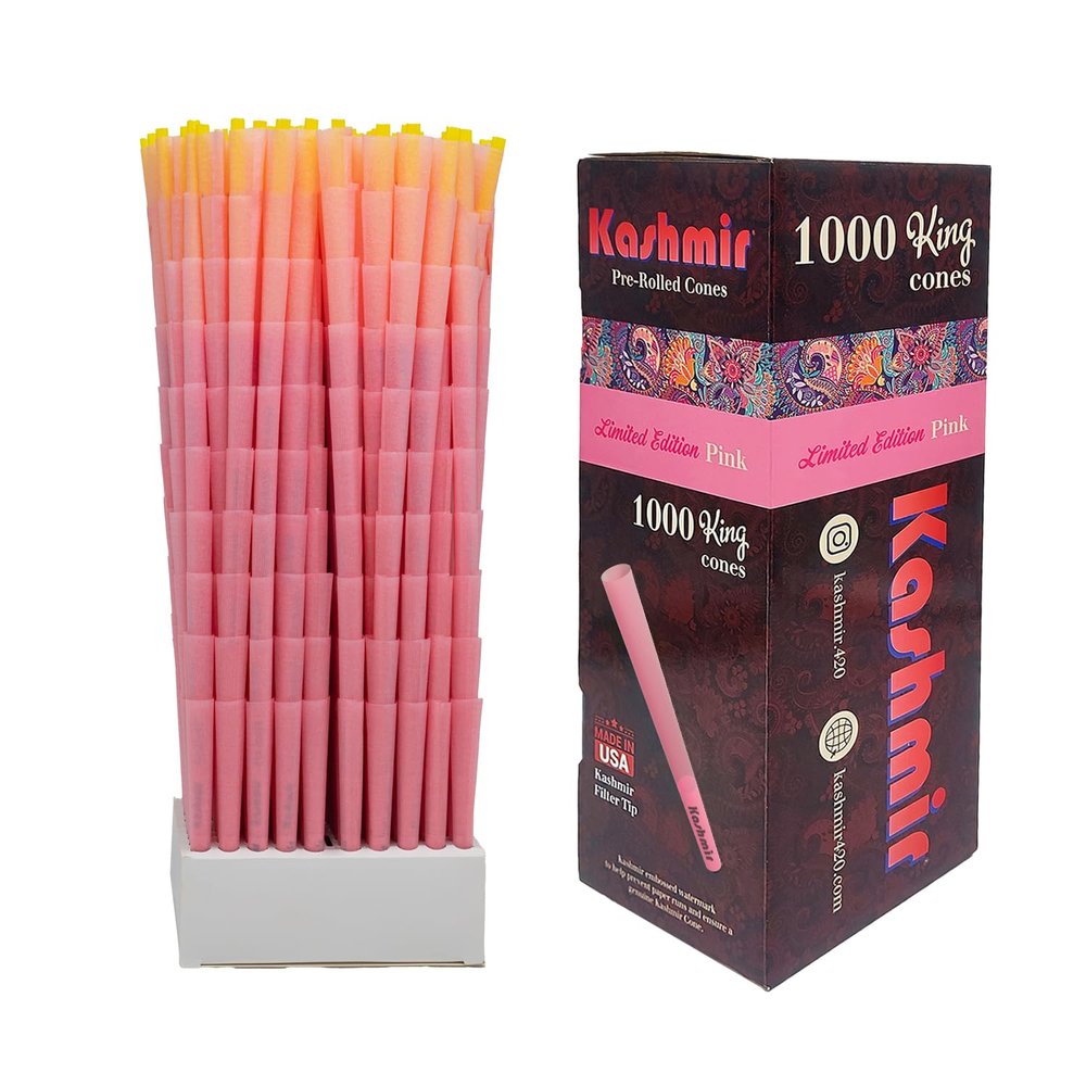 Kashmir Pink Pre Rolled Cones King Size  1000 Count Stylish Pink Rolling Papers with Filter Tips  Vegan-Friendly, Dye-Safe, Slow Burn, 108mm Pre Rolls  Easy Fill, Bulk Pack