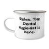 Love Dental hygienist Gifts, Relax. The Dental Hygienist Is Here, Birthday 12oz Camper Mug For Dental hygienist from Team Leader, Toothbrush, Toothpaste, Floss, Dental appointment, Teeth cleaning view 1