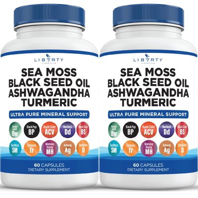 Liberty Lifestyle Sea Moss Black Seed Oil Ashwagandha Turmeric Bladderwrack Burdock - with Manuka, Honey Dandelion, ACV Black Pepper Gluten Free - 2-Pack