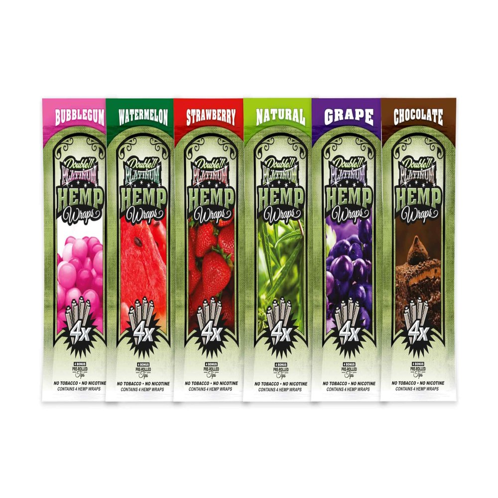 The Original Double Platinum Wraps - Trial Pack! - 4 Wraps & 4 Filters per Pouch  6 Pouches  24 Wraps total - Bubblegum, Watemelon, Strawberry, Natural, Grape, Chocolate