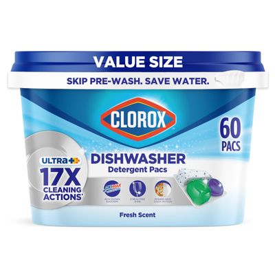 Clorox Ultra+ Dishwasher Detergent Pacs, 60 Count, Stain Fighting, No Prewash Needed, Removes Burnt-on Food, Crisp Fresh Scent Pods - Packaging May Vary