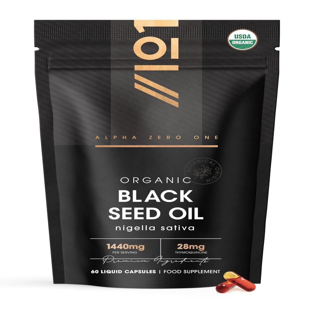 ALPHA01 Organic Black Seed Oil Capsules 1440mg 4X% Thymoquenine - 60 Count Ethiopian Nigella Sativa - 100% Cold Pressed & Virgin Cumin Seed Oil