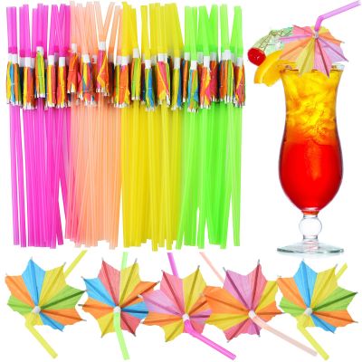ALINK 50pcs Tropical Umbrellas, Fancy Flower Bar Straws, Beach Luau Tiki Hawaiian Party Decorations - Octagonal