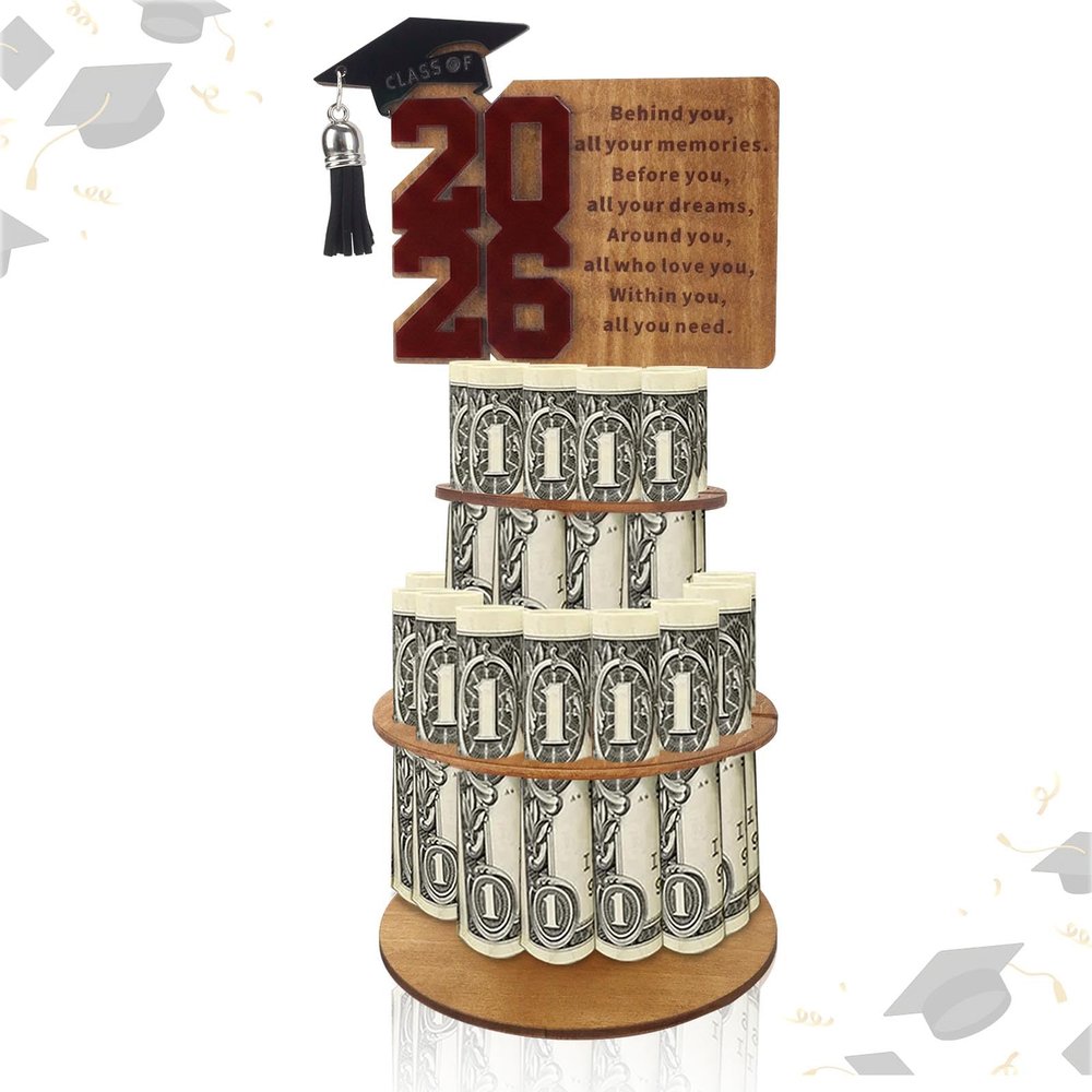 Hying 2026 Graduation Money Holder Class of 2026 Money Card Holder Brown Wooden Money Holder Cash Gift Ideas 2026 Congrats Grad Tiered Tray Cash Cake DIY Greeting Gift for Graduation Party Supplies