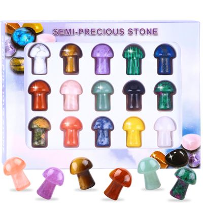 15pcs Natural Crystal Mushrooms Stones Bulk Mushroom Rock Collection Set 0.8Inch Mini Mushroomm Decor Sculptures Healing Crystals for Kids Beginners DIY Jewelry