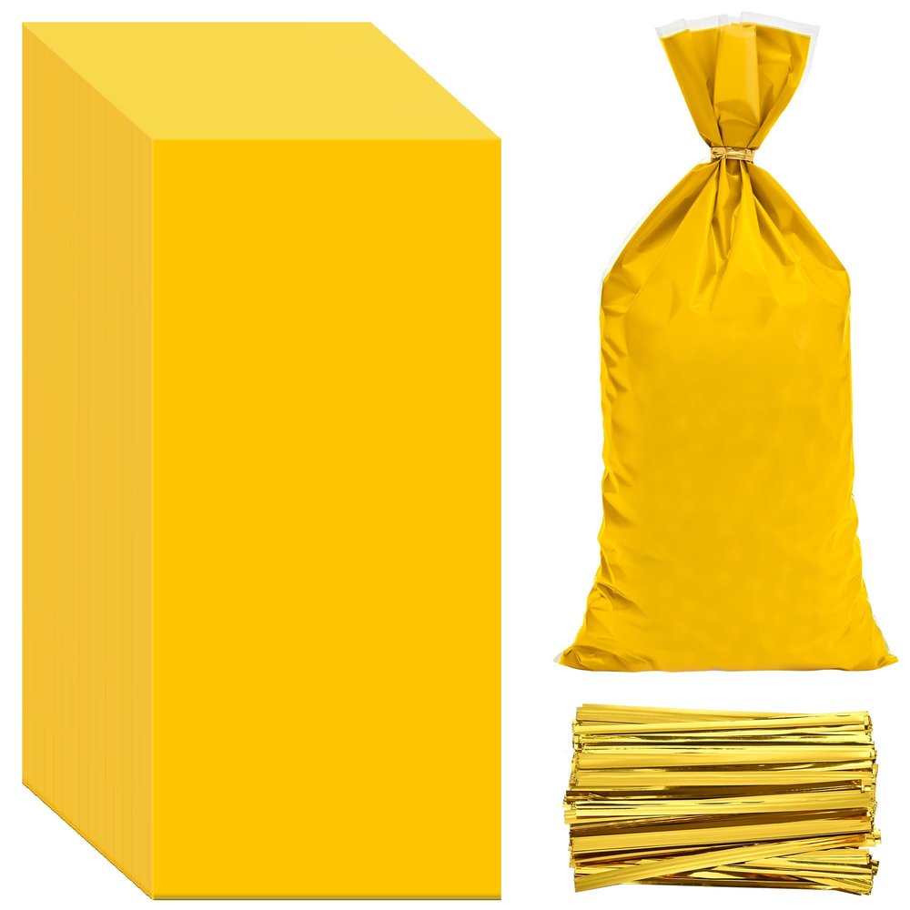Lecpeting 100 Pcs Cellophane Treat Bags Plastic Goodie Candy Bags with Twist Ties for Gift Wrap Birthday Wedding Baby Shower Christmas Party Supplies (Yellow)