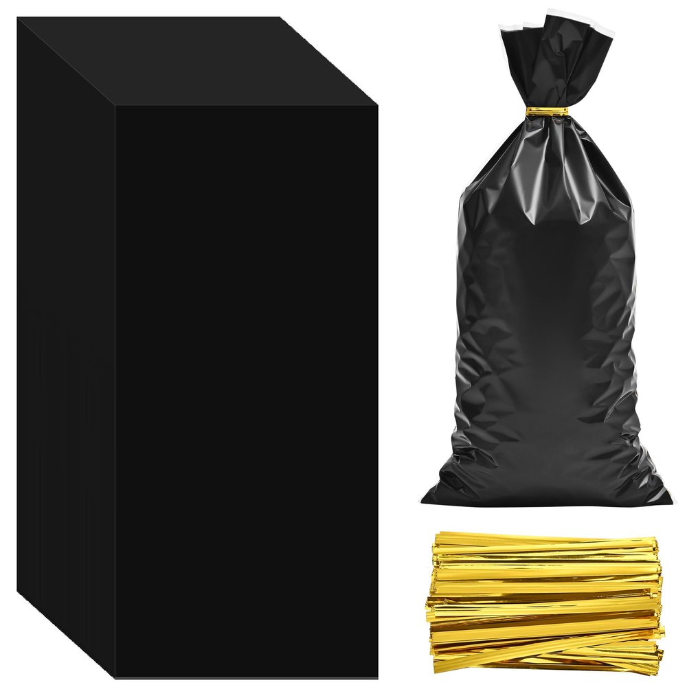 Lecpeting 100 Pcs Cellophane Treat Bags Plastic Goodie Candy Bags with Twist Ties for Gift Wrap Birthday Wedding Baby Shower Christmas Party Supplies (Black)