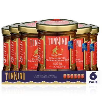 Tonnino Tuna Fish Pack of 6, Sundried Tomatoes & Basil in Olive Oil Pack of 6 Alternative to Salmon Protein Snacks Ready to Eat Meals
