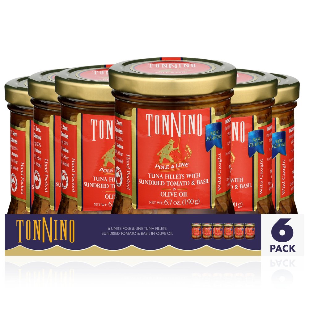 Tonnino Tuna Fish Pack of 6, Sundried Tomatoes & Basil in Olive Oil Pack of 6 Alternative to Salmon Protein Snacks Ready to Eat Meals