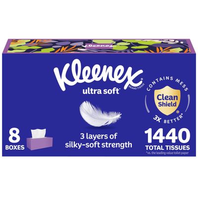 Kleenex Ultra Soft Facial Tissues, 8 Flat Boxes, 180 Tissues per Box, 3-Ply, Packaging May Vary