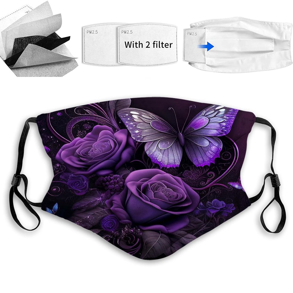 Yioniii Mouth Scraf Face Cover Dust mask,Purple Butterflies Roses Floral Flower Pattern Comfortable Reusable mask for Man and Woman