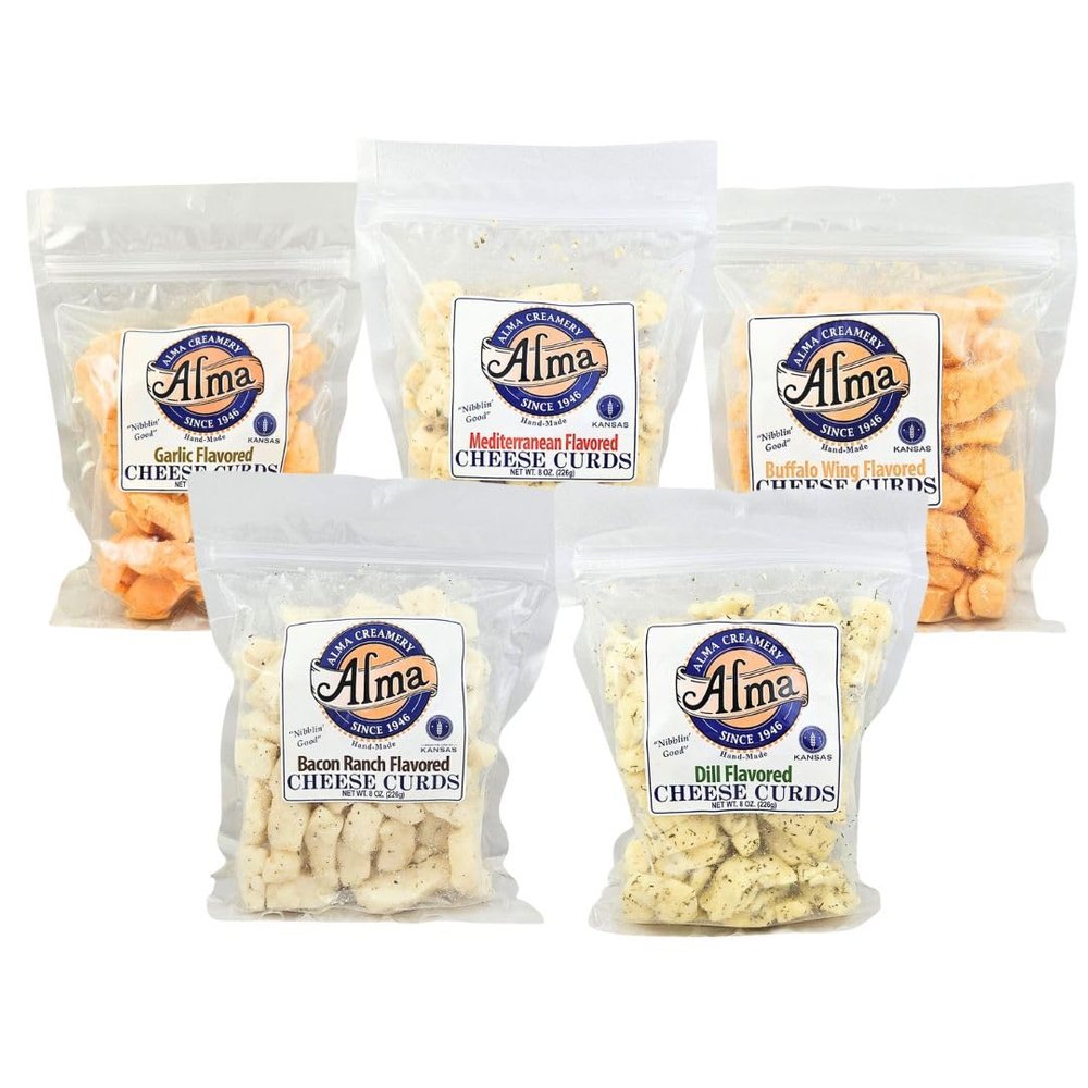 Alma Cheese Curds - Variety Pack of 5 (Bacon Ranch, Buffalo Wing, Dill, Garlic, Mediterranean)