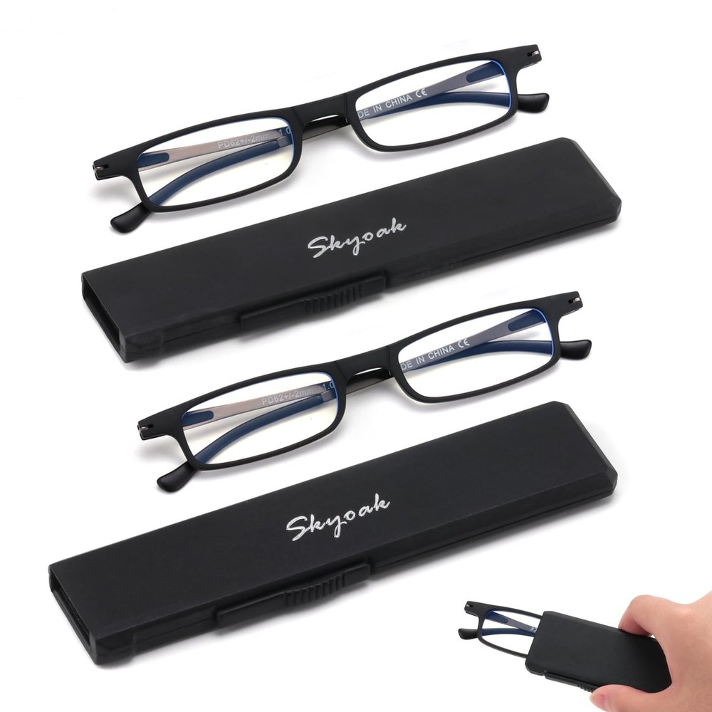 2 Pack Ultra Thin Lightweight Folding Reading Glasses Women Men TR90 Blue Light Blocking Anti UV/Eyestrain Foldable Compact Computer Readers Portable Unique Stretchable Slim Flat case Black +1.25