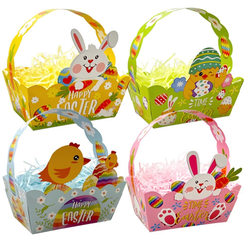 12pcs Paper Easter Baskets Easter Treat Boxes Party Favor Boxes with Handle Eggs Containers for Kids Egg Hunt Home School Party Supplies