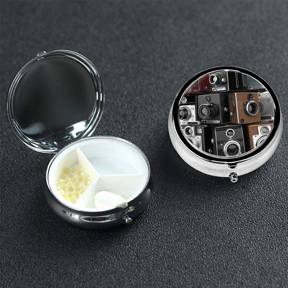 Pill Case Round Pill Box 3 Compartment Pill Organizer Retro Cool Camera Collection Small Pill Case Waterproof Medicine Organizer Box for Travel Pill Containers Vitamin Organizer for Medication Planner