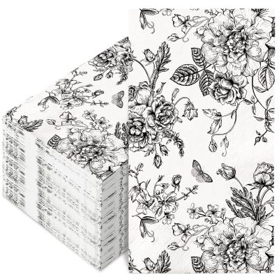 100Pcs Floral Guest Napkins Disposable Black White Wildflower Paper Napkins Black Flower Dinner Hand Napkin for Party Supplies Table Decorations
