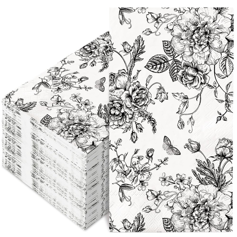 100Pcs Floral Guest Napkins Disposable Black White Wildflower Paper Napkins Black Flower Dinner Hand Napkin for Party Supplies Table Decorations