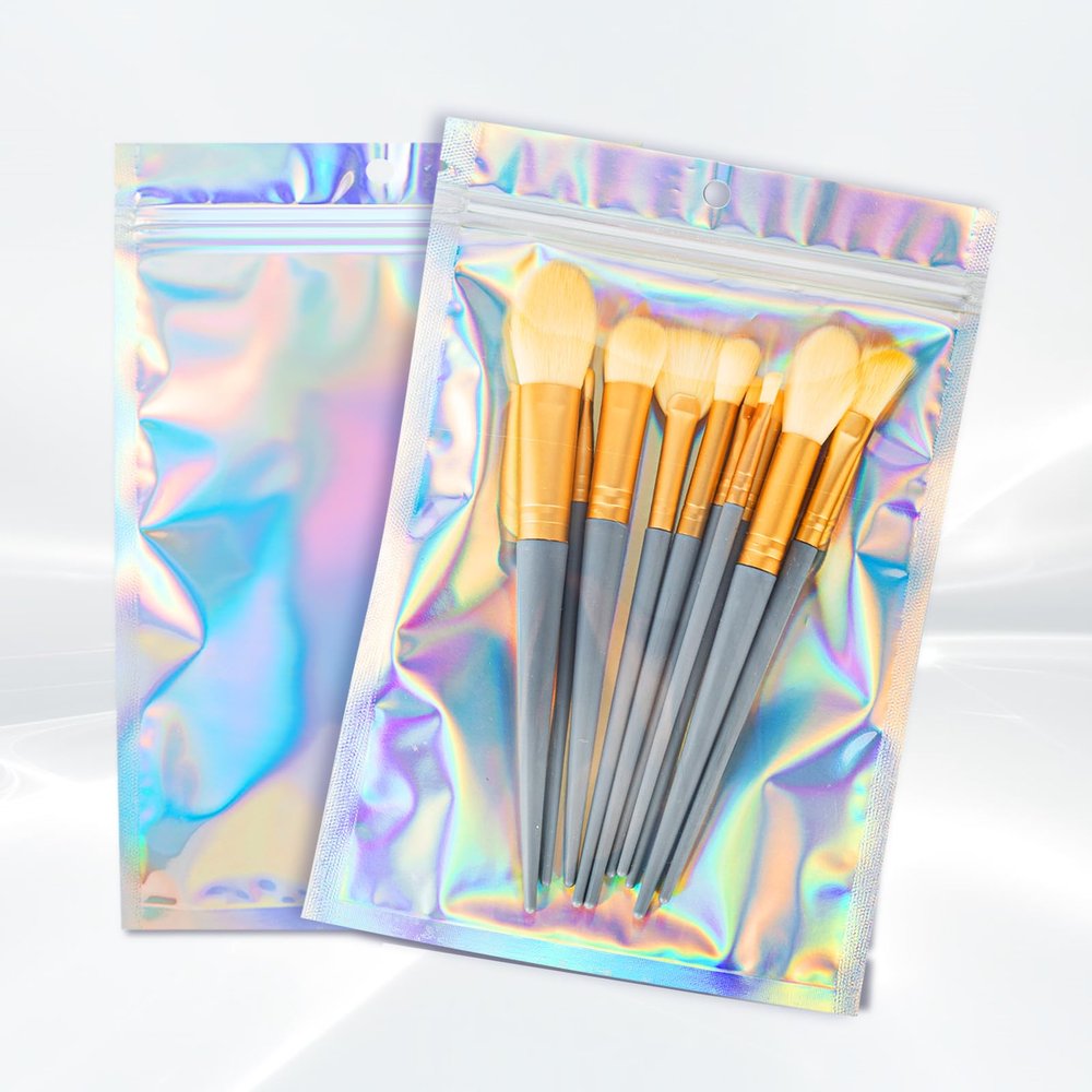 100pcs Holographic Bags,5.5x7.8 inch Resealable Zipper for small business, Smell Proof Foil Bags for food storage, Candy, Eyebrow pencil, Small accessories..MOTOMY