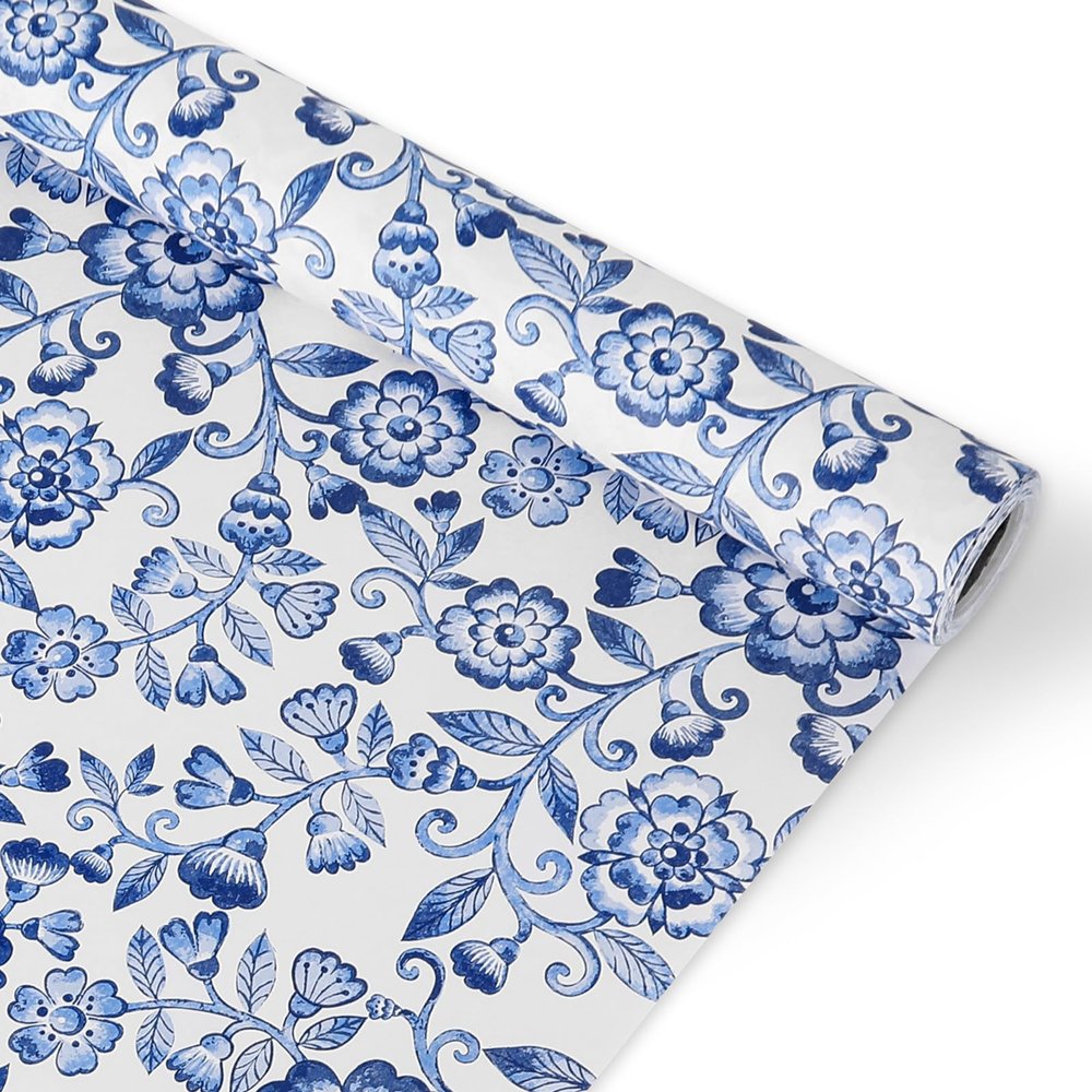JarThenaAMCS Blue White Floral Wrapping Paper Mini Roll 17in x 32.8Ft Chinoiserie Flower Decorative Gift Wrap Paper for Birthday Wedding Baby Shower Holiday Party Supplies