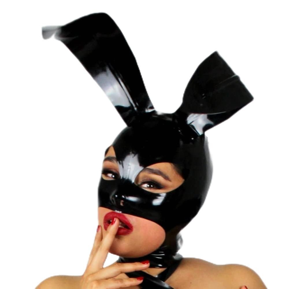 Latex Hood Women Gummi Rubber Bunny Ears Holiday Party Cosplay Hood Dress up Latex Mask (Black, XL)