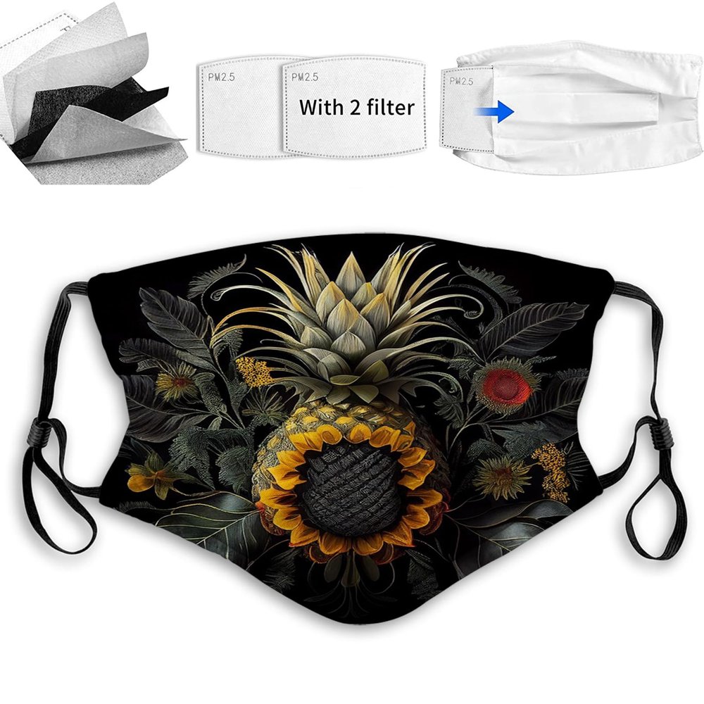 Yioniii Unisex Comfortable Filter Sponge Windproof Mask Printed,Pineapple with Sunflowers Pattern Mouth Cover,Face Mask Reusable Washable Cloth2 Filter Adult