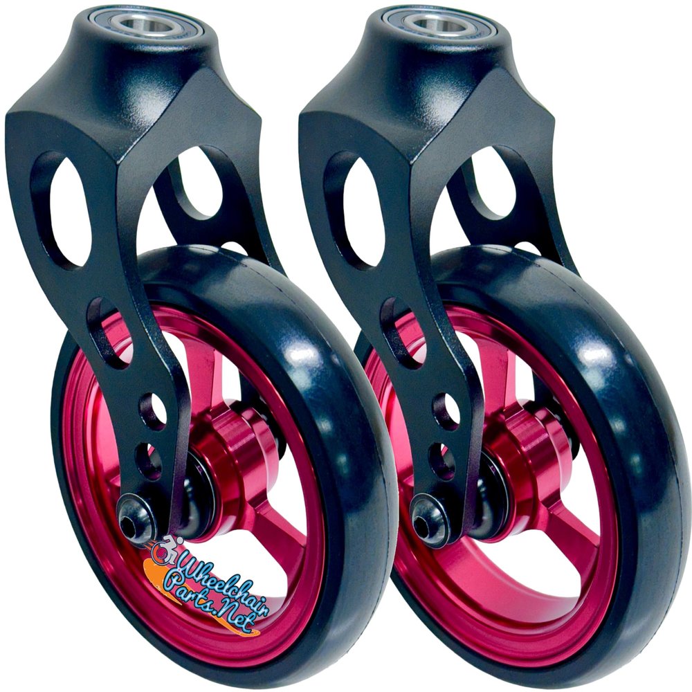 Wheelchair Caster Fork Assembly with 4"x1" Wheel. Set of 2 (Red Rim/Black Fork)