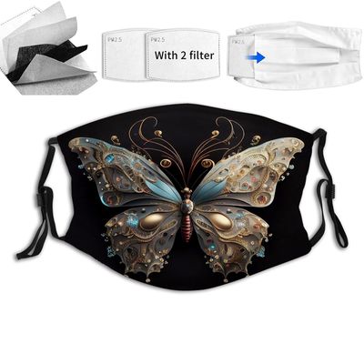 Yioniii Comfortable Printed mask,Golden butterfly with gemstones on black background pattern Windproof Facial decorations for man and woman
