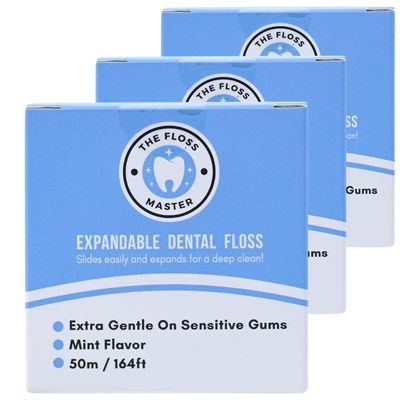 Expandable Dental Floss 3 Pack I Plastic-Free Dispenser I 50 Meter / 164 feet per Pack I Gentle Glide for Effective Cleaning I Mint Flavor