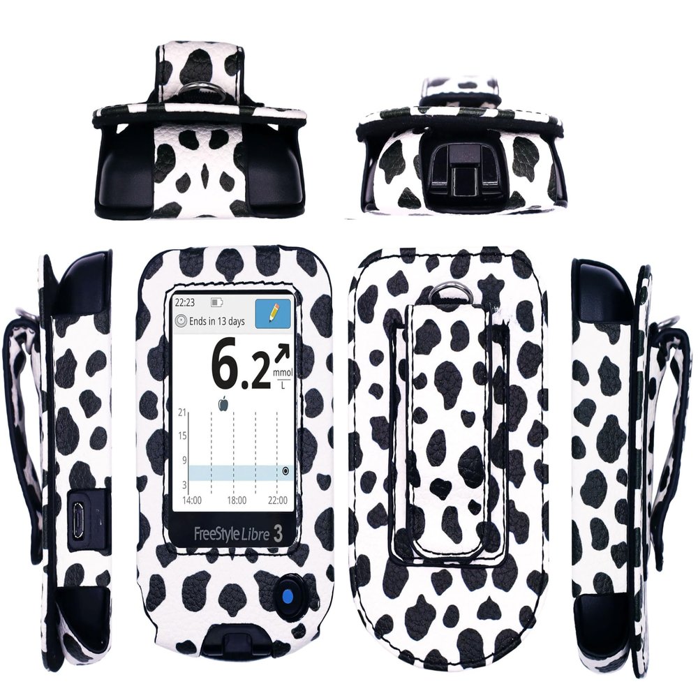 Premium Holster with Screen Protector, Belt Clip,Carabiner (Including a Neck Lanyard) for Freestyle Libre 3/ Freestyle Libre 2 (Black and White Spots)