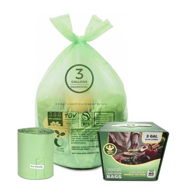 3 Gallon Compostable Trash Bags with Handle-Tie, Thick 0.67 Mil, 11.36 Liter, 80 Bags, Small Kitchen Food Scrap Waste Bag, ASTM D6400, US BPI and OK Compost Home Certified