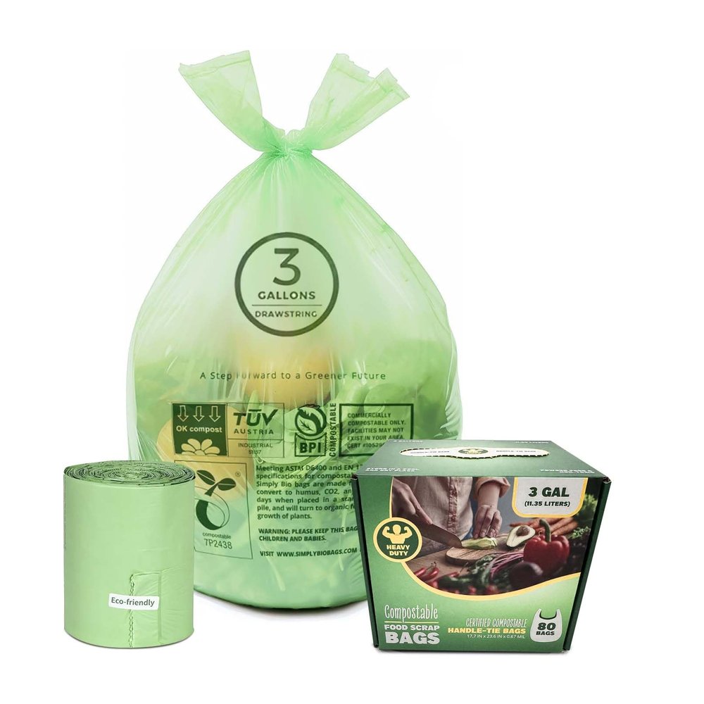 3 Gallon Compostable Trash Bags with Handle-Tie, Thick 0.67 Mil, 11.36 Liter, 80 Bags, Small Kitchen Food Scrap Waste Bag, ASTM D6400, US BPI and OK Compost Home Certified