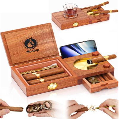 Cedar Wood Lined Cigar Humidor & Ashtray Set - With Cigar Cutter, Hygrometer, Humidifier, Draw Enhancer, Whiskey Tray & Phone Holder - Gift for Men