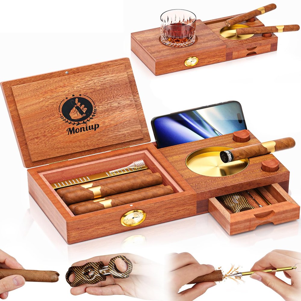 Cedar Wood Lined Cigar Humidor & Ashtray Set - With Cigar Cutter, Hygrometer, Humidifier, Draw Enhancer, Whiskey Tray & Phone Holder - Gift for Men