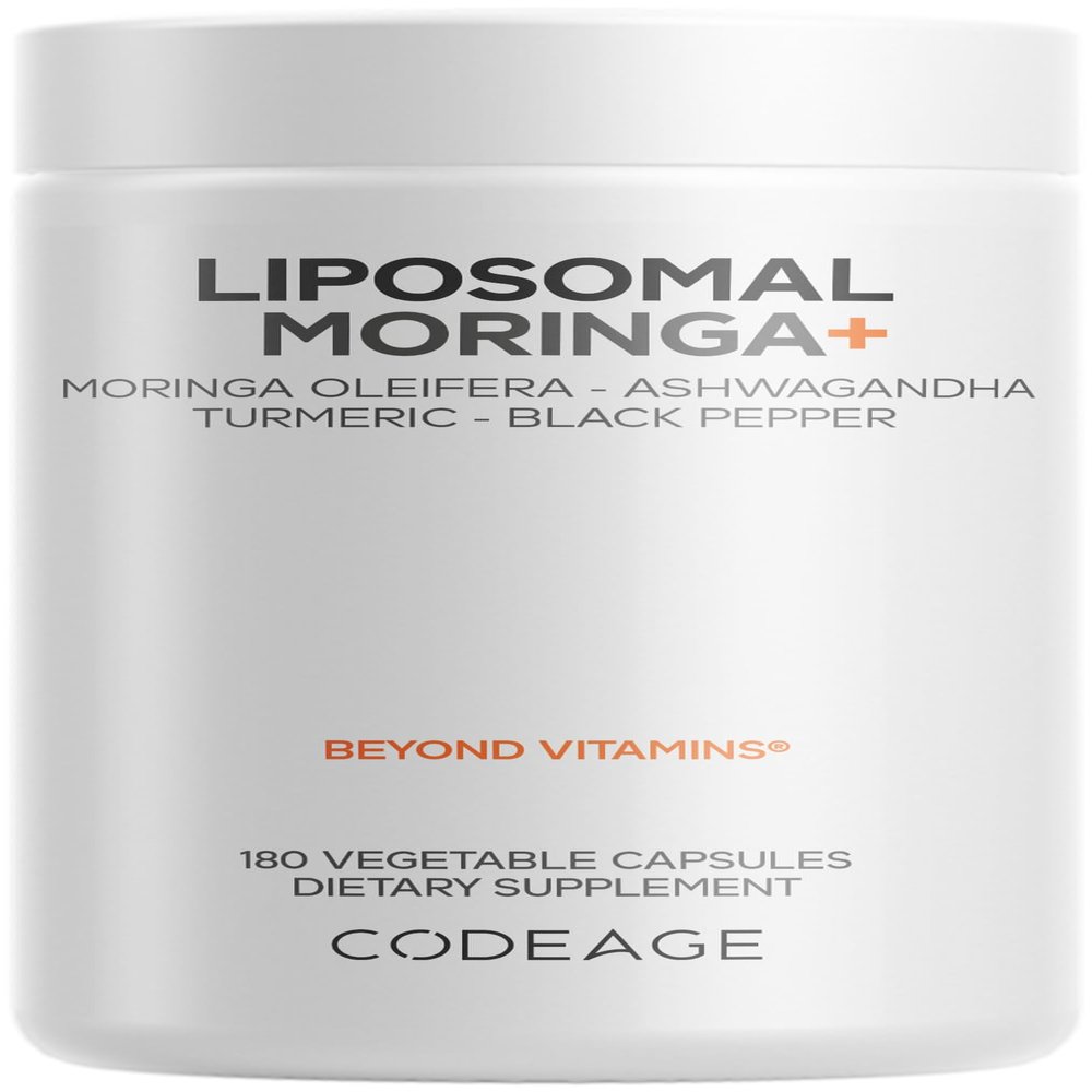 Codeage Liposomal Moringa+ Supplement, 400mg Moringa 50:1 Extract - Turmeric, Ashwagandha, Black Pepper, 3-Month Supply, Vegan Moringa Powder - 180 Capsules