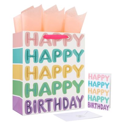 13" Large Colorful Gift Bag Set with Greeting Card and Tissue Papers (Happy Happy Happy Happy Birthday) for Girls' Birthday Party, Women's Birthday Parties, Baby Shower, Baby Girl - 10.2x5.2x13, 1 Pcs.
