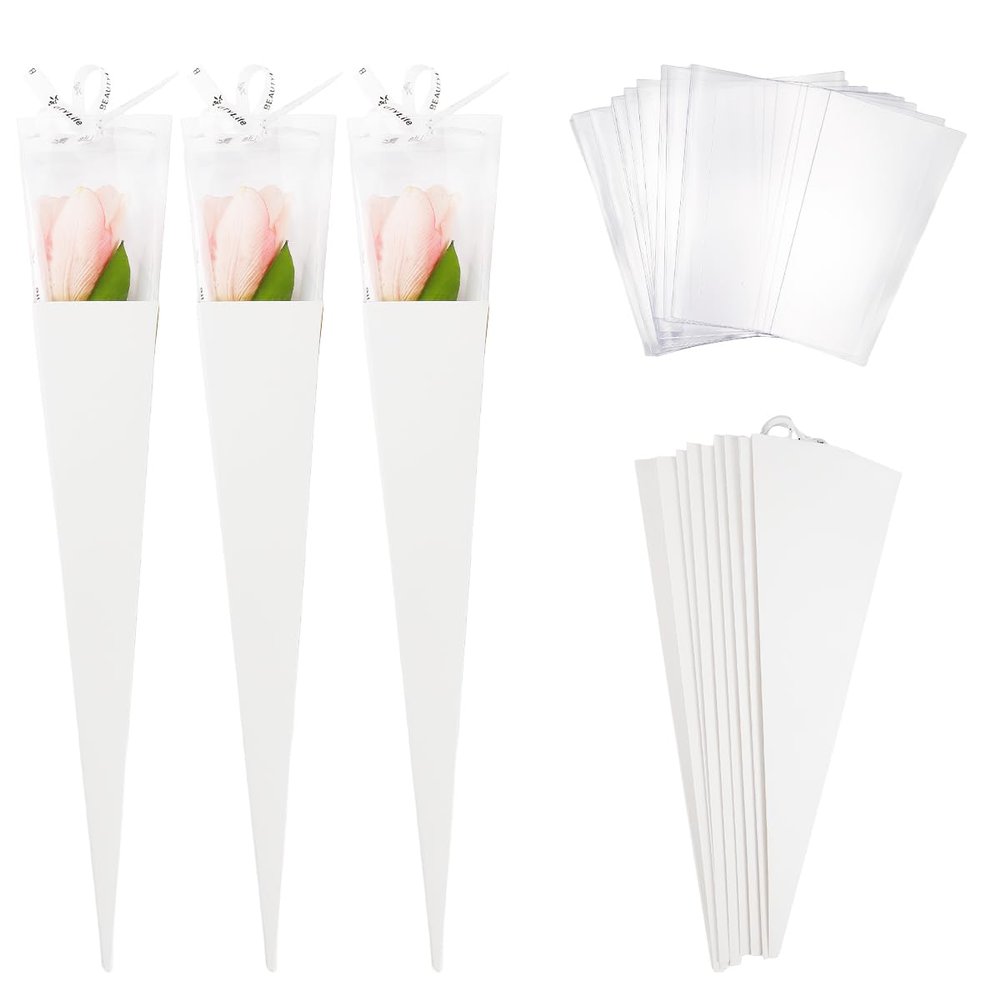 10 Pcs Single Roses Flower Gift Box Cone Flower Bouquet Wrapping Paper Rose Packaging Bags for Valentines Day Birthday, White, Inches