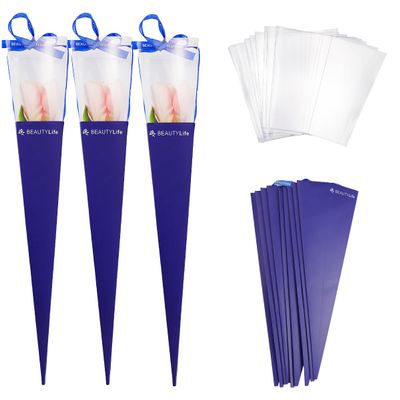 10 Pcs Single Roses Flower Gift Box Cone Flower Bouquet Wrapping Paper Rose Packaging Bags for Valentines Day Birthday, Blue, Inches