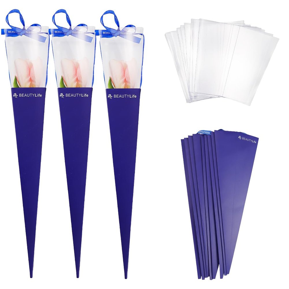 10 Pcs Single Roses Flower Gift Box Cone Flower Bouquet Wrapping Paper Rose Packaging Bags for Valentines Day Birthday, Blue, Inches