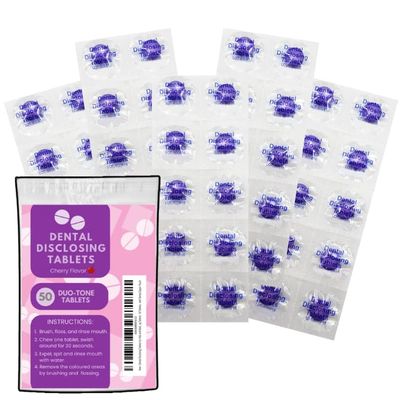 50 Tablets Dental Disclosing Tablets for Kids and Adults - Individually Wrapped Plaque Disclosing Solution - Safe & Effective Two-Tone Dental Cleaning