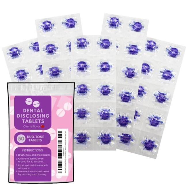 50 Tablets Dental Disclosing Tablets for Kids and Adults - Individually Wrapped Plaque Disclosing Solution - Safe & Effective Two-Tone Dental Cleaning