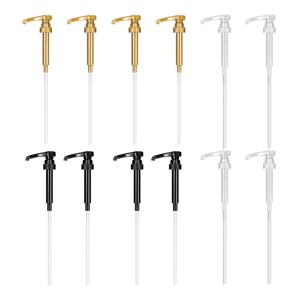 12PCS Coffee Syrup Pump, Skinny Syrup Pump, 750ml Bottle Pumps for Flavored Syrups Dispenser Caramel Snow Cones Drinks Dessert Tea Jam Ketchup (Black & White & Gold)