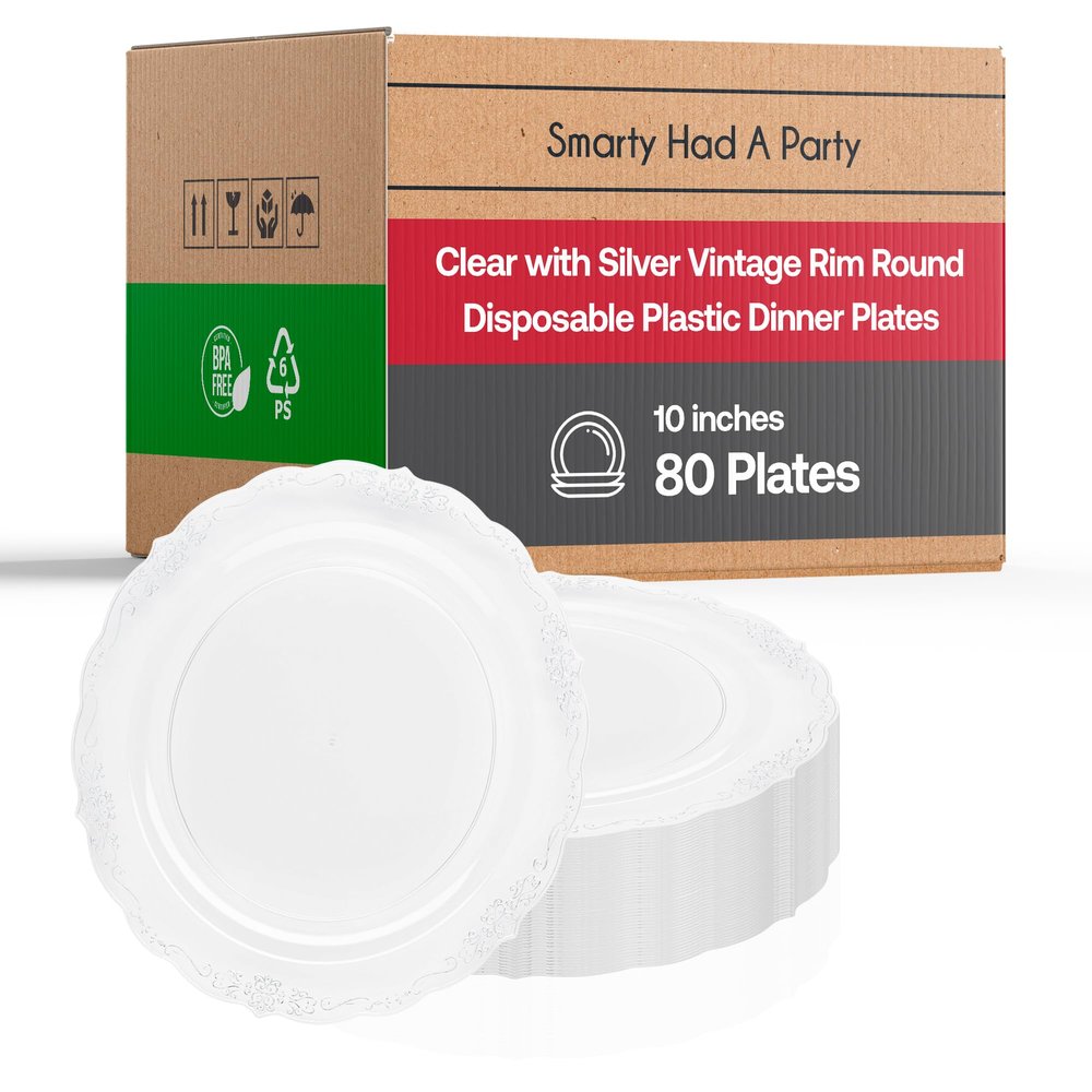 Smarty Had A Party Elegant Plastic Plates, Disposable Dinnerware Sets, 80 Clear with Silver 10" Dinner Plates