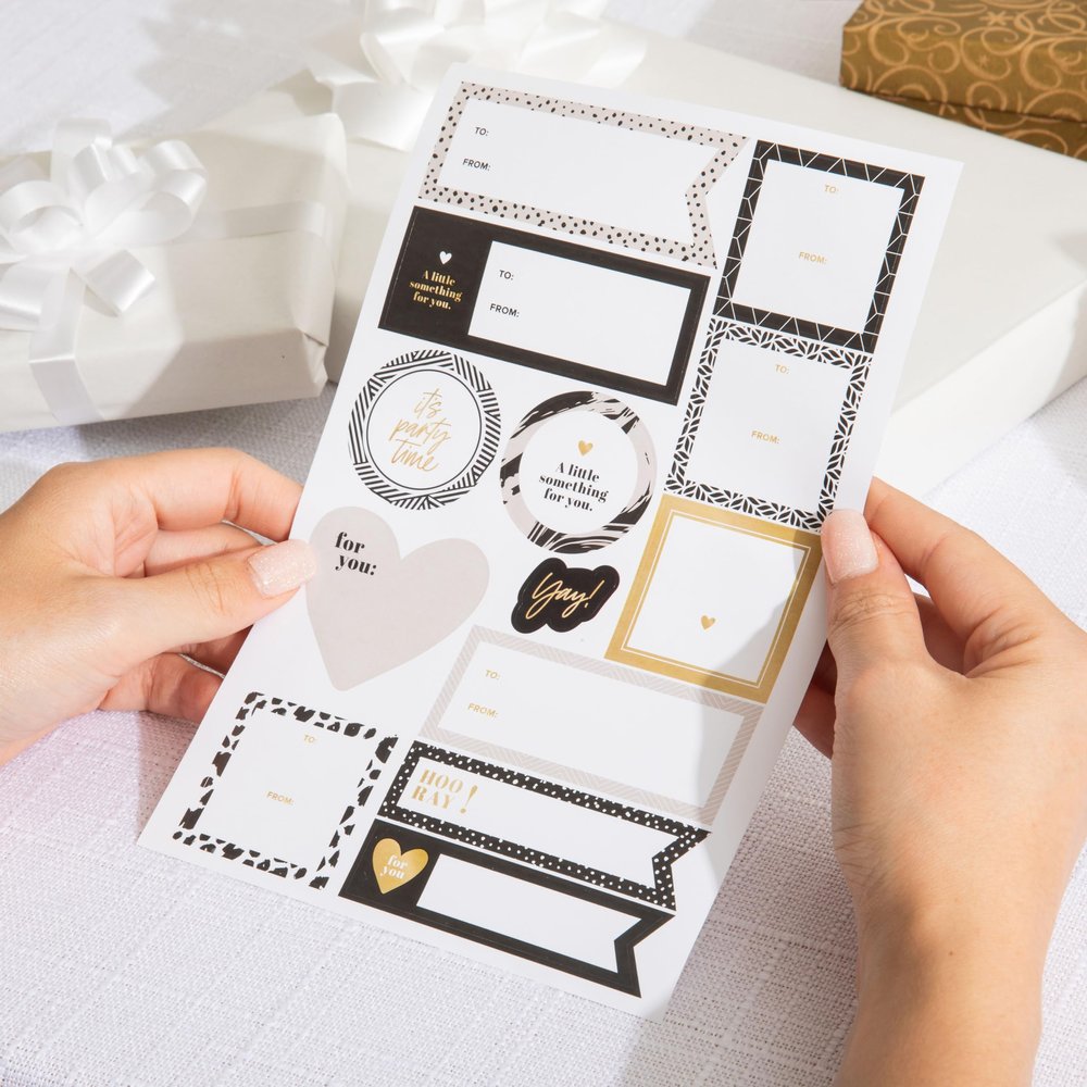 195 Premium Gift Labels - Elegant Black, White & Gold Variety Pack, 15 Sheets of 8.5" x 5.5" All Occasions Gift Wrapping Labels for Presents, Gifts, Holidays, Celebrations, Decorations & More