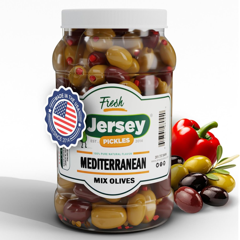 Jersey Pickles - Mediterranean Olives (Gallon)  Olives Stuffed  Hand-Stuffed Gourmet Olives with Premium Fillings for Snacks, Charcuterie & Cocktails
