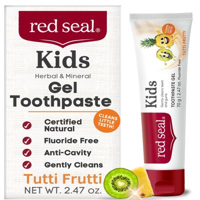 Red Seal Kids Toothpaste - Tutti Frutti Flavor, Fluoride Free, No Synthetic Colors, Paraben & SLS-Free, Vegan, Cruelty-Free, NATRUE Certified - Ideal for Parents Seeking Natural Oral Care, 2.47oz