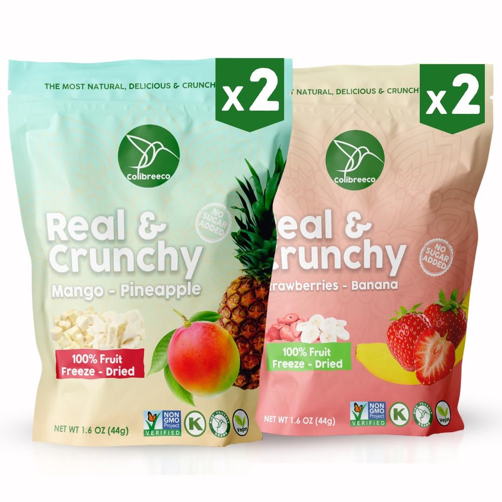 Colibreeco, Freeze-Dried Fruit Snack, (Variety Pack of 4), Mix Pineapple & Mango, Mix Strawberry & Banana, Real and Crunchy, Non-GMO, Kosher and Vegan, 100% Fruit, No Sugar Added, Excellent for Healthy Snacks and Gluten Free.