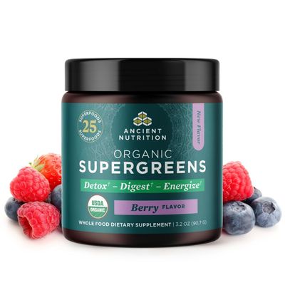 Ancient Nutrition SuperGreens Powder with Probiotics, Organic Berry Flavor Greens, Made from Real Fruits, Vegetables and Herbs, Digestive and Energy Support, 12 Servings, 3.2oz